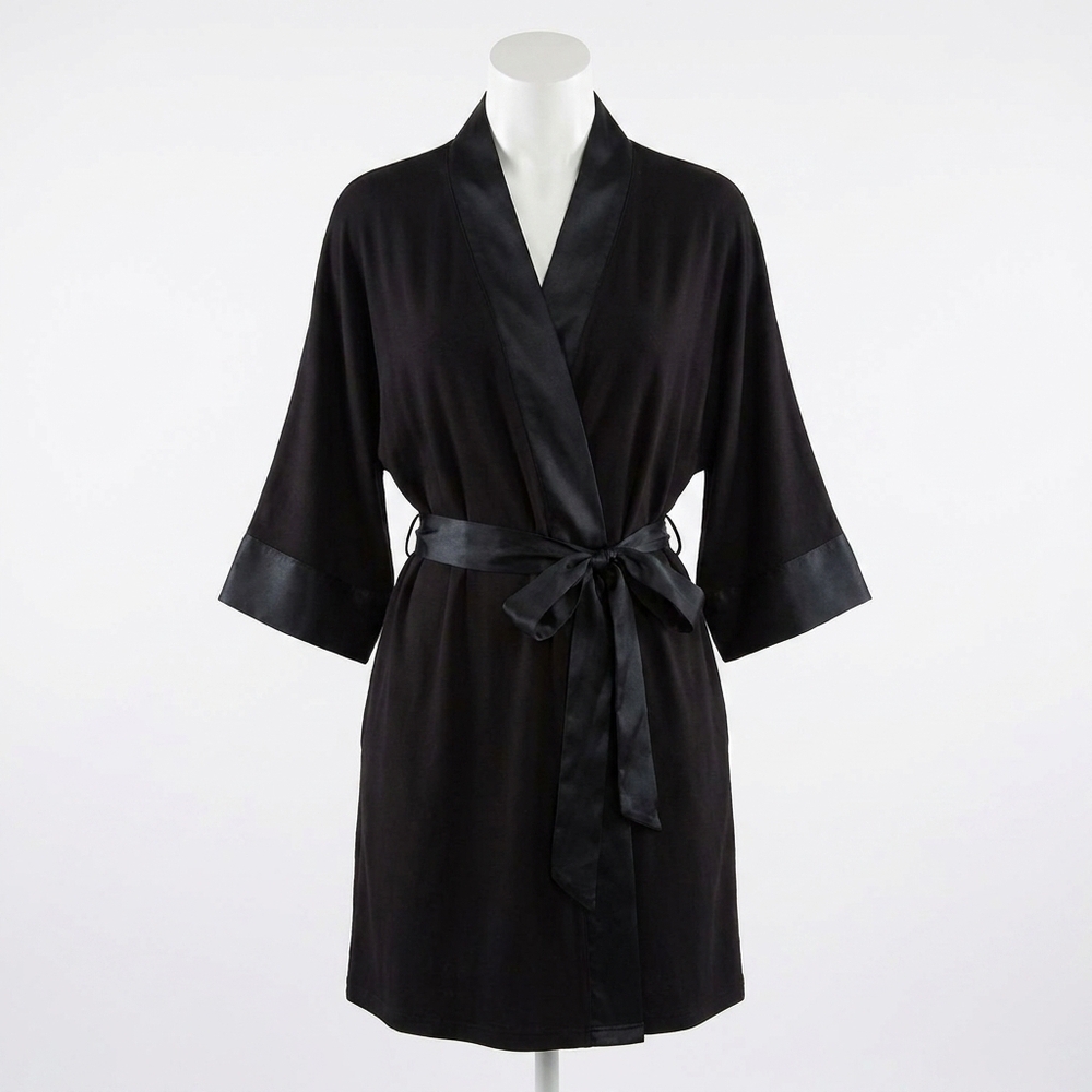 NEW PJ HARLOW shala knit robe with pockets and satin trim in black